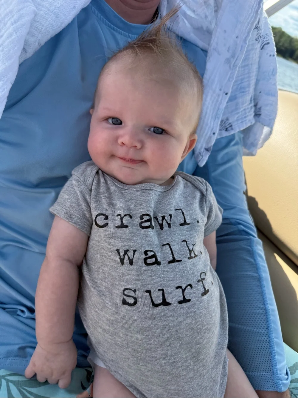 Gray Baby Onesie with 'crawl. walk. surf.' Text